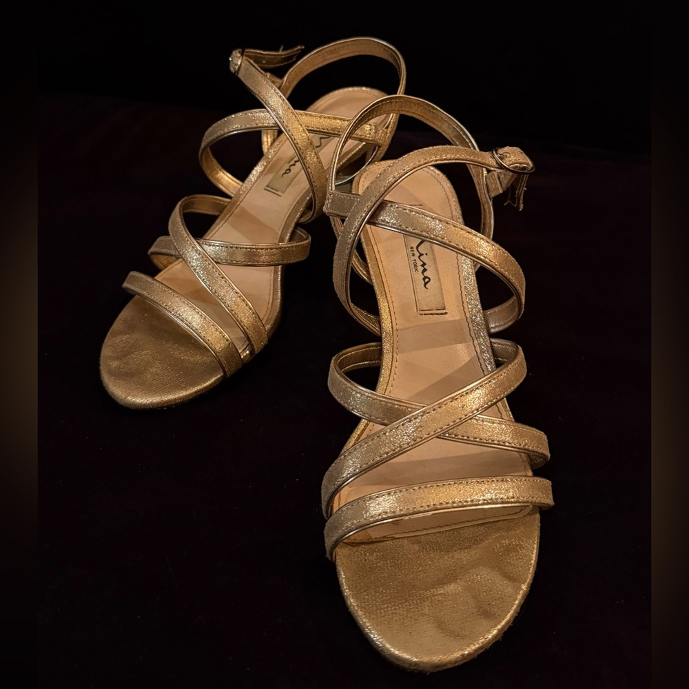 Nina New York gold strappy kitten heels